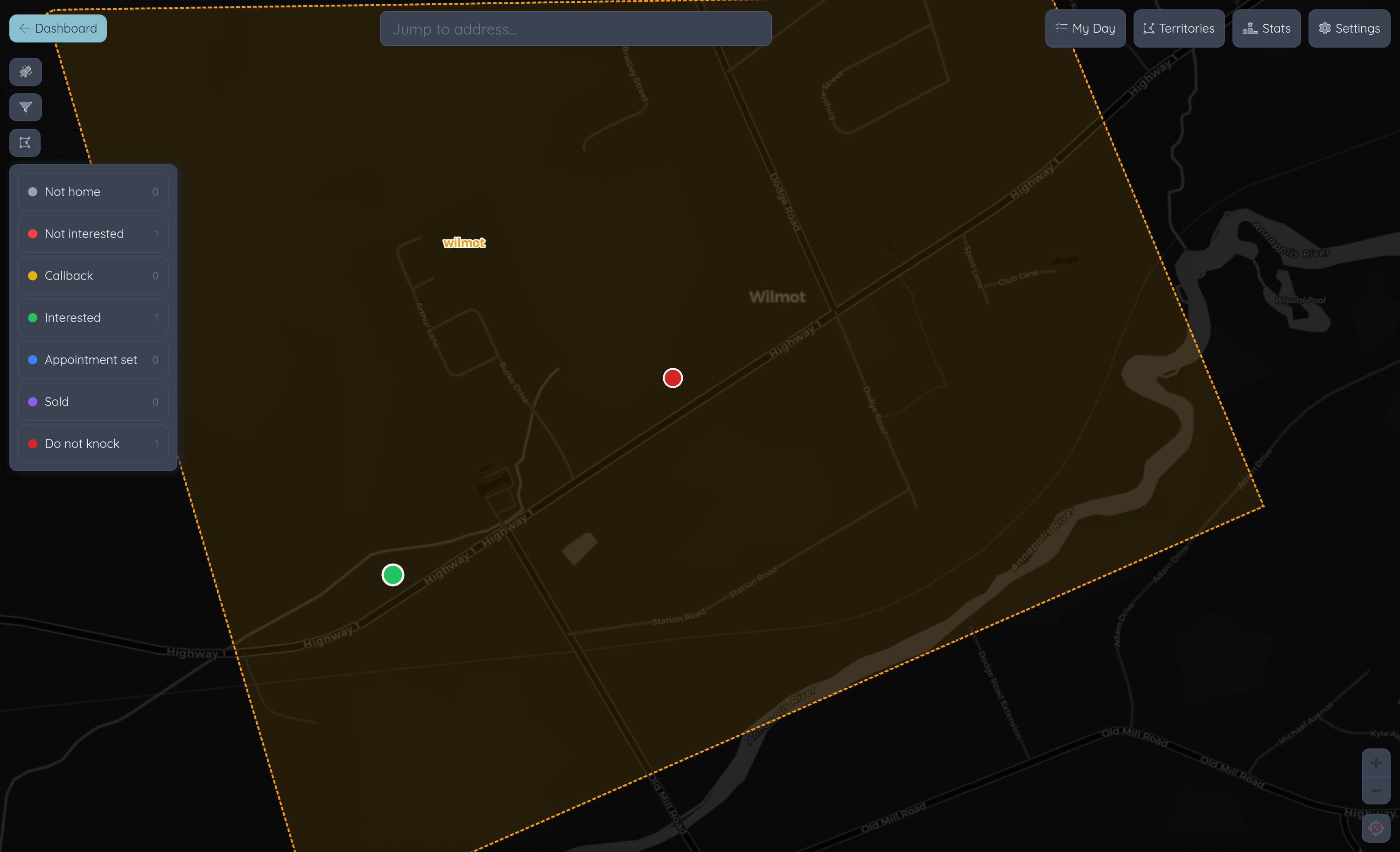 Canvassing territory map with knock dispositions