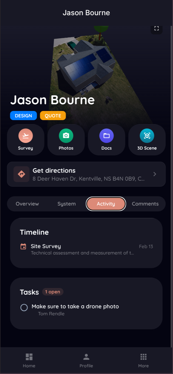 Project detail with survey, photos, documents, and timeline in the Powerlily mobile app