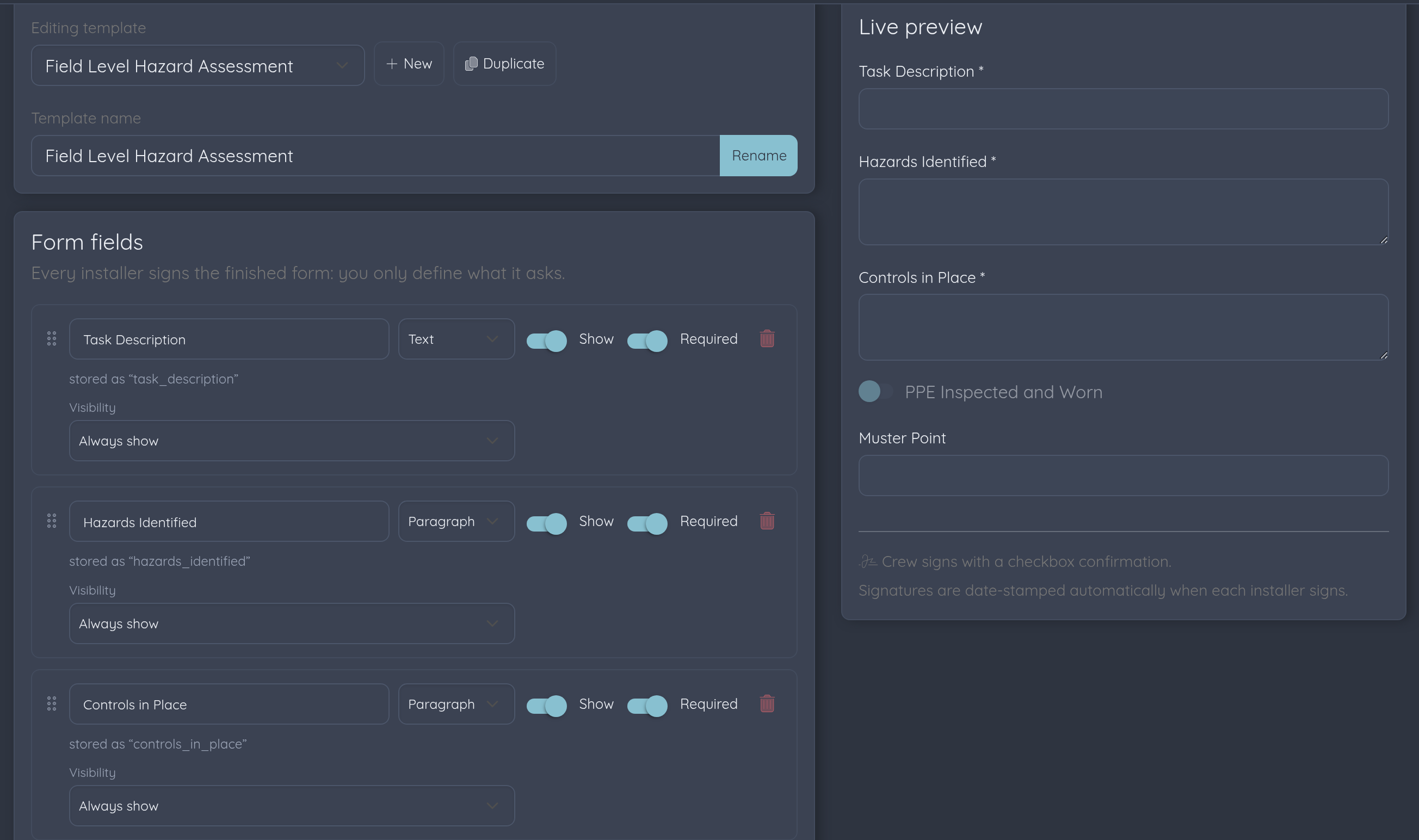 Drag-and-drop safety form builder with live preview