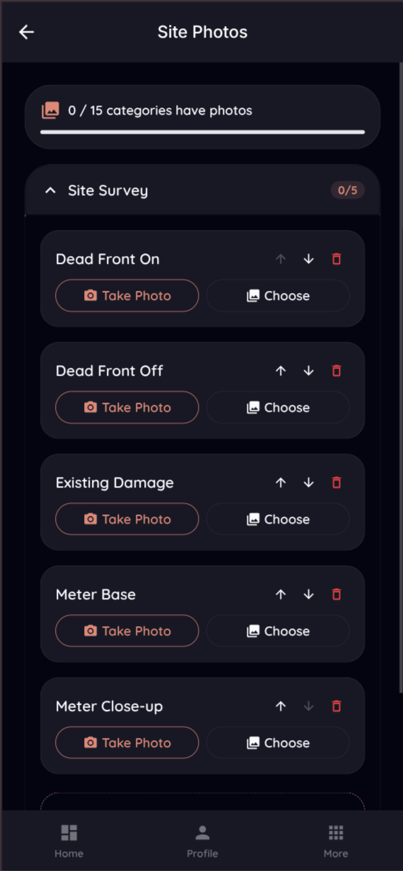 Staged site photo checklist in the Powerlily mobile app