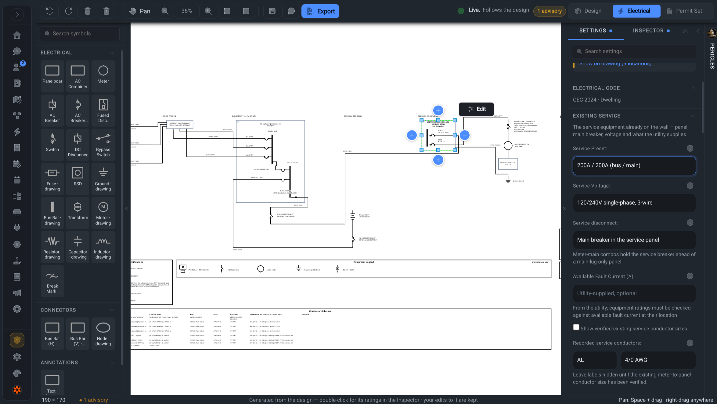 Powerlily single-line diagram editor with electrical symbols and service settings in dark mode